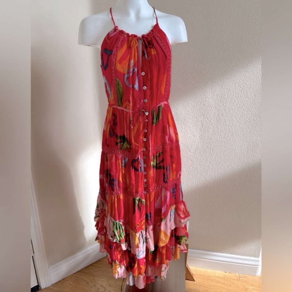 FARM Rio Mixed Fruit Oceans Midi Dress Small Red Ruffles Button Front - Picture 3 of 12